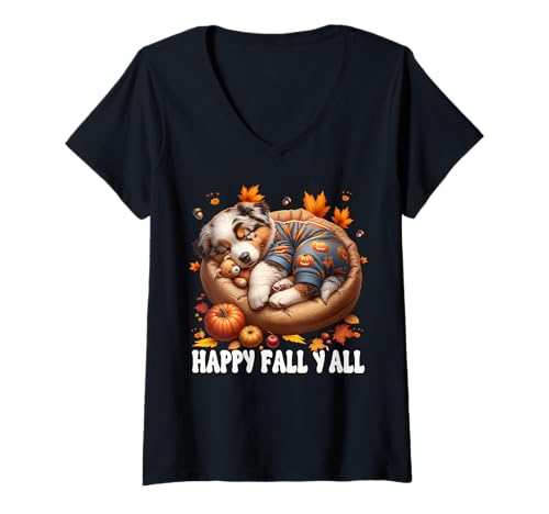Damen Happy Fall Yall for Puppy Lover and Australian Shepherd Mom T-Shirt mit V-Ausschnitt von Cute Australian Shepherd Must Haves For Fall Women