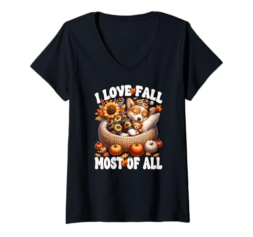 Damen Corgi Graphic and Funny Fall Saying I Love Fall Most of All T-Shirt mit V-Ausschnitt Damen Corgi Graphic and Funny Fall Saying I Love Fall Most of All T-Shirt mit V-Ausschnitt von Cute Autumn Fall Corgi Gifts For Corgi Lovers