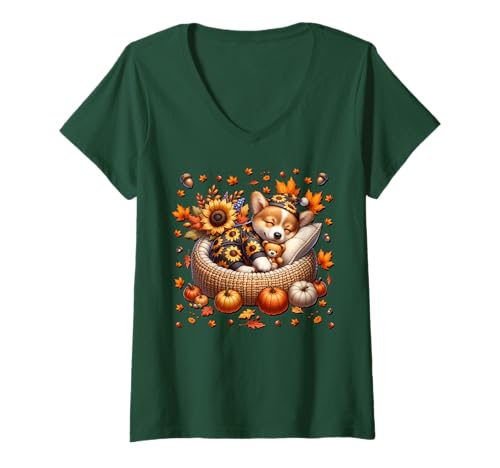 Damen Corgi Puppy Must Haves for Corgi Mom and Grandma Green Fall T-Shirt mit V-Ausschnitt Damen Corgi Puppy Must Haves for Corgi Mom and Grandma Green Fall T-Shirt mit V-Ausschnitt von Cute Autumn Fall Corgi Gifts For Corgi Lovers