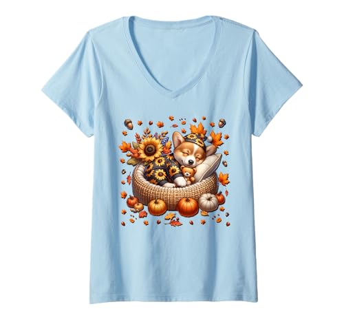 Damen Cute Corgi Stuff for Girls with Fall Puppy for Dog Lover T-Shirt mit V-Ausschnitt Damen Cute Corgi Stuff for Girls with Fall Puppy for Dog Lover T-Shirt mit V-Ausschnitt von Cute Autumn Fall Corgi Gifts For Corgi Lovers