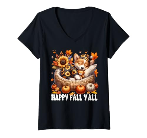 Damen Fall Corgi Autumn Graphic Women Men and Kids Happy Fall Yall T-Shirt mit V-Ausschnitt Damen Fall Corgi Autumn Graphic Women Men and Kids Happy Fall Yall T-Shirt mit V-Ausschnitt von Cute Autumn Fall Corgi Gifts For Corgi Lovers