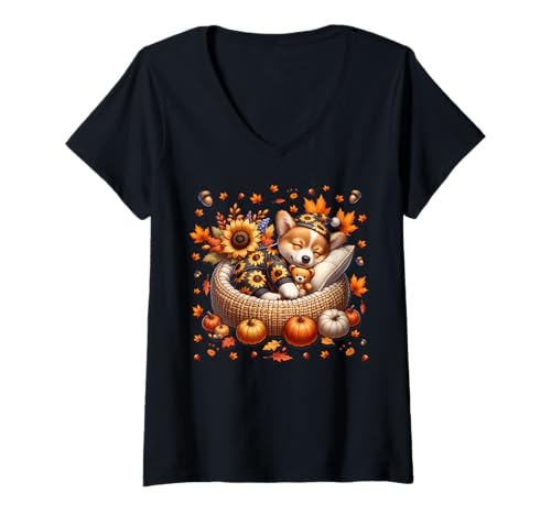 Damen Fall Corgi Graphic for Women Men Kids Cute Autumn Sleep T-Shirt mit V-Ausschnitt Damen Fall Corgi Graphic for Women Men Kids Cute Autumn Sleep T-Shirt mit V-Ausschnitt von Cute Autumn Fall Corgi Gifts For Corgi Lovers