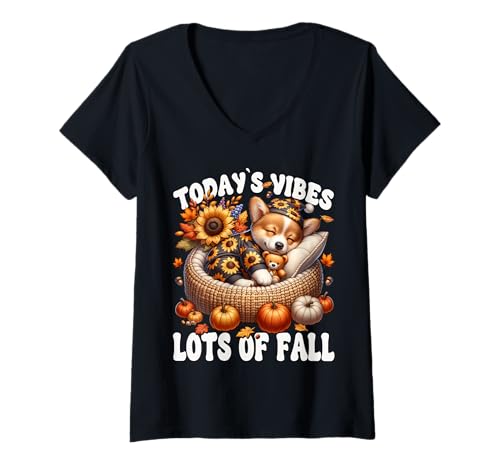 Damen Fall Corgi Graphic for Women Men and Kids Funny Autumn Vibes T-Shirt mit V-Ausschnitt Damen Fall Corgi Graphic for Women Men and Kids Funny Autumn Vibes T-Shirt mit V-Ausschnitt von Cute Autumn Fall Corgi Gifts For Corgi Lovers