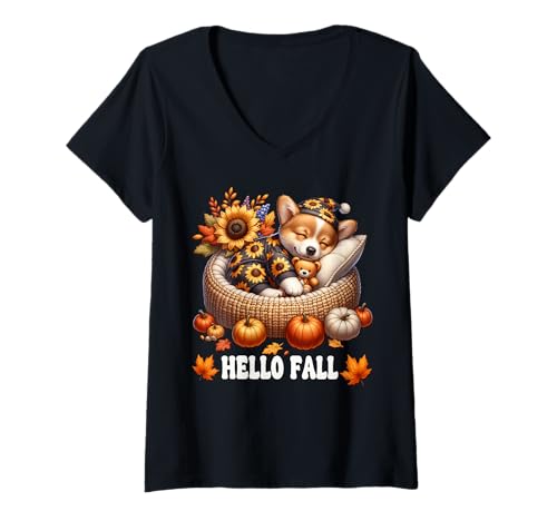Damen Hello Fall Puppy Lover Graphic for Corgi Mom Cute Autumn T-Shirt mit V-Ausschnitt Damen Hello Fall Puppy Lover Graphic for Corgi Mom Cute Autumn T-Shirt mit V-Ausschnitt von Cute Autumn Fall Corgi Gifts For Corgi Lovers
