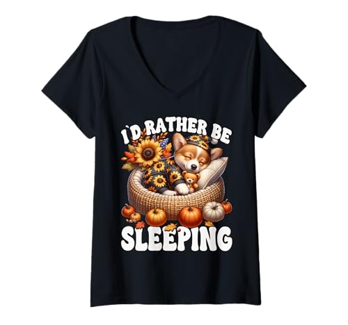 Damen Id Rather Be Sleeping Funny Corgi Fall Puppy for Corgi Dad T-Shirt mit V-Ausschnitt Damen Id Rather Be Sleeping Funny Corgi Fall Puppy for Corgi Dad T-Shirt mit V-Ausschnitt von Cute Autumn Fall Corgi Gifts For Corgi Lovers