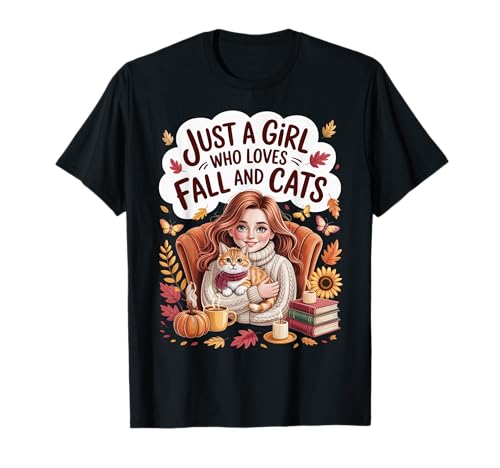 Just a Girl Who Loves Fall and Cats Autumn Girl Cats Pumpkin T-Shirt von Cute Autumn Girl With Cat Pumpkins Candles Coffee