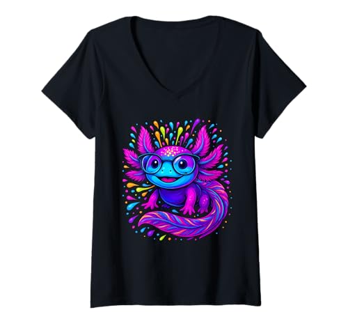 Damen Axolotl Schöne Bunte Kunst Axolotl Herren Damen Kinder T-Shirt mit V-Ausschnitt von Cute Axolotl Anime Axolotl Apparel