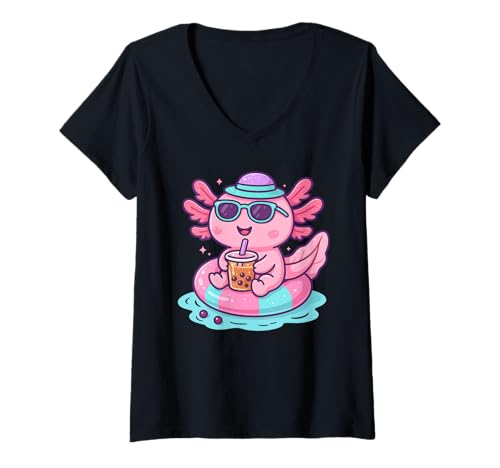 Damen Kawaii Axolotl Pool Float Bubble Boba Tea T-Shirt mit V-Ausschnitt Damen Kawaii Axolotl Pool Float Bubble Boba Tea T-Shirt mit V-Ausschnitt von Cute Axolotl Bubble Boba Tea Apparel
