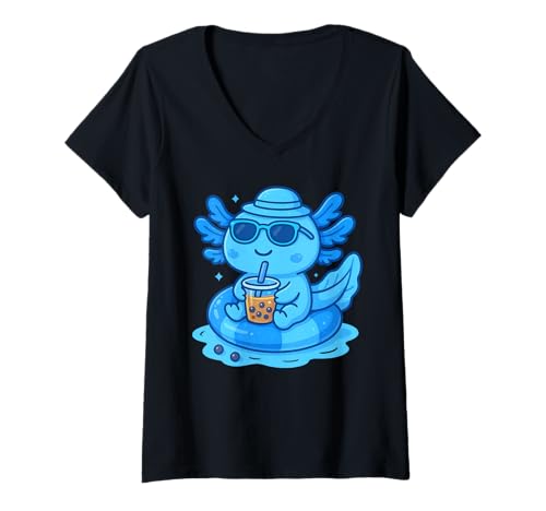 Damen Kawaii Axolotl Pool Float Bubble Boba Tea T-Shirt mit V-Ausschnitt Damen Kawaii Axolotl Pool Float Bubble Boba Tea T-Shirt mit V-Ausschnitt von Cute Axolotl Bubble Boba Tea Apparel