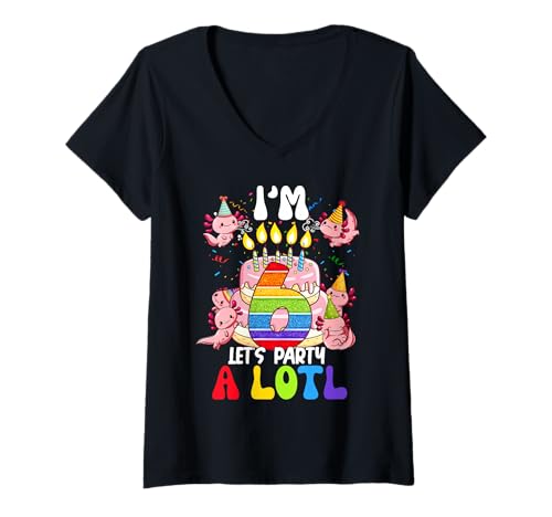 Damen Kinder 6 Jahre alt Axolotl Prinzessin 6. Geburtstag Mädchen Teenager T-Shirt mit V-Ausschnitt von Cute Axolotl Flossing Dabbing 6 Years Old Apparel