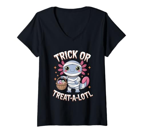 Damen Axolotl Trick Or Treat-A-Lotl T-Shirt Cute Mummy Halloween T-Shirt mit V-Ausschnitt Damen Axolotl Trick Or Treat-A-Lotl T-Shirt Cute Mummy Halloween T-Shirt mit V-Ausschnitt von Cute Axolotl Halloween Vibes