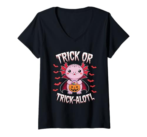 Damen Axolotl Trick Or Treat A Lotl T-Shirt Cute Vampire Halloween T-Shirt mit V-Ausschnitt Damen Axolotl Trick Or Treat A Lotl T-Shirt Cute Vampire Halloween T-Shirt mit V-Ausschnitt von Cute Axolotl Halloween Vibes