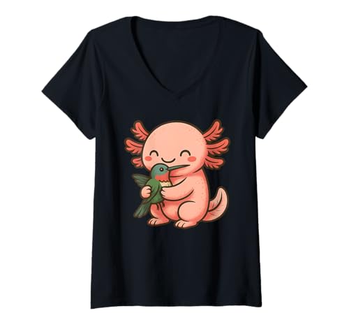 Damen Cute Axolotl Hugging Hummingbird T-Shirt mit V-Ausschnitt Damen Cute Axolotl Hugging Hummingbird T-Shirt mit V-Ausschnitt von Cute Axolotl Hugging Hummingbird Apparel