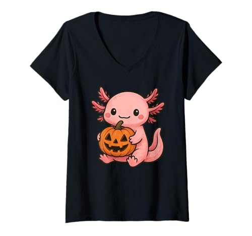 Damen Cute Axolotl Jack O Lantern Pumpkin Halloween T-Shirt mit V-Ausschnitt Damen Cute Axolotl Jack O Lantern Pumpkin Halloween T-Shirt mit V-Ausschnitt von Cute Axolotl Pumpkin Halloween Apparel