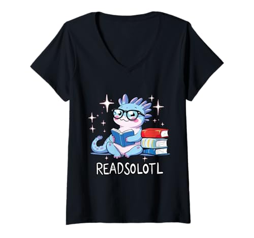 Damen Readsolotl Pink Kawaii Axolotl Buchliebhaber, der Bücherwurm liest T-Shirt mit V-Ausschnitt von Cute Axolotl Reading for Funny Book Lover Readers