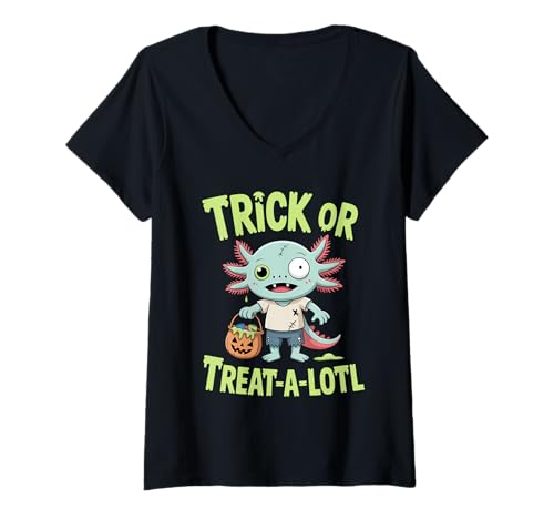 Damen Axolotl Trick Or Treat A Lotl T-Shirt Cute Zombie Halloween T-Shirt mit V-Ausschnitt Damen Axolotl Trick Or Treat A Lotl T-Shirt Cute Zombie Halloween T-Shirt mit V-Ausschnitt von Cute Axolotl Zombie Vibes