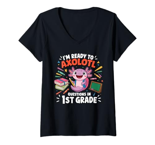 Damen Ich Bin bereit für Axolotl Fragen in 1. Klasse Axolotl Liebhaber T-Shirt mit V-Ausschnitt Damen Ich Bin bereit für Axolotl Fragen in 1. Klasse Axolotl Liebhaber T-Shirt mit V-Ausschnitt von Cute Axolotl salamander First Grade Student Kids