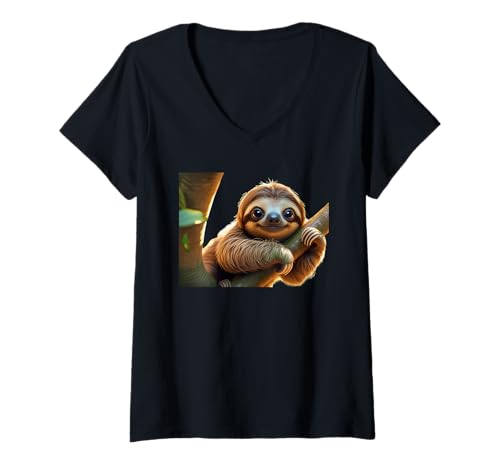 Damen Baby-Faultier, niedliche Tiere T-Shirt mit V-Ausschnitt von Cute Baby Sloth, funny Animals