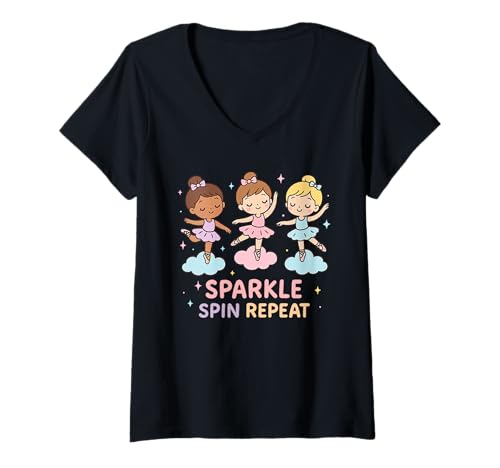 Damen Sparkle Spin Repeat Kawaii Ballerina Ballett Tanzen T-Shirt mit V-Ausschnitt Damen Sparkle Spin Repeat Kawaii Ballerina Ballett Tanzen T-Shirt mit V-Ausschnitt von Cute Ballerina Ballet Dance Practice Design
