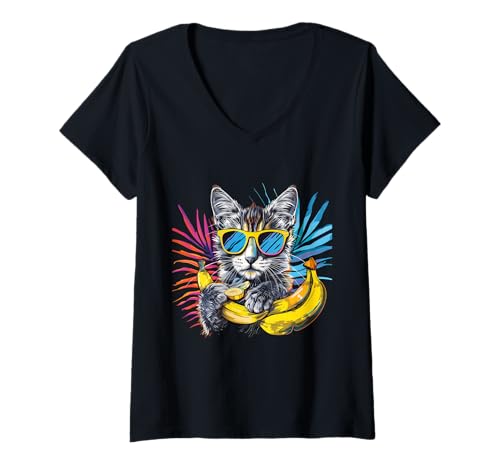 Damen Banane Katze Bunte Sonnenbrille Kunstwerk Banane Früchte T-Shirt mit V-Ausschnitt Damen Banane Katze Bunte Sonnenbrille Kunstwerk Banane Früchte T-Shirt mit V-Ausschnitt von Cute Banana Animals