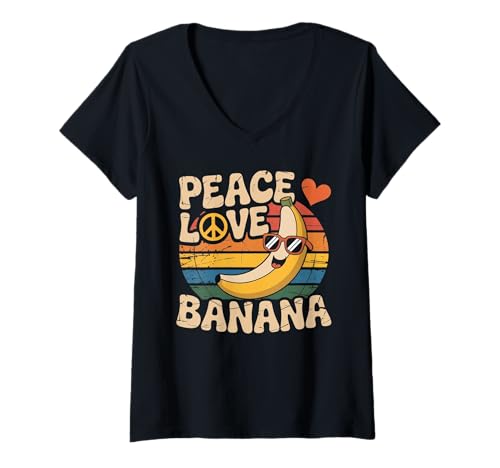 Damen Funny Bananas Peace Love Banana T-Shirt mit V-Ausschnitt Damen Funny Bananas Peace Love Banana T-Shirt mit V-Ausschnitt von Cute Banana Lovers