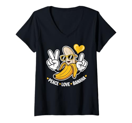 Damen Funny Bananas Peace Love Banana T-Shirt mit V-Ausschnitt Damen Funny Bananas Peace Love Banana T-Shirt mit V-Ausschnitt von Cute Banana Lovers