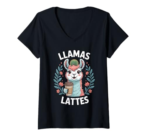 Damen Lustiger Spruch Lamas Lattes Kaffee Tier Humor Frauen Männer T-Shirt mit V-Ausschnitt von Cute Barista Vibes Pastel Morning Cozy Mother Mom