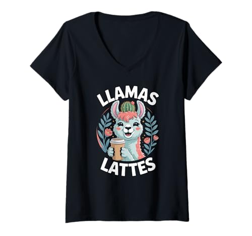 Damen Lustiger Spruch Lamas Lattes Kaffee Tier Humor Frauen Männer T-Shirt mit V-Ausschnitt von Cute Barista Vibes Pastel Morning Cozy Mother Mom