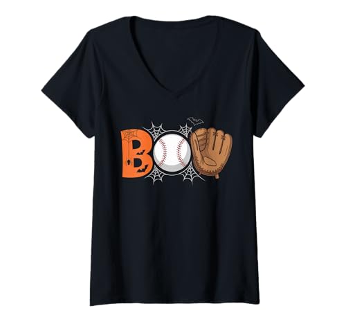 Damen Niedlicher Baseball-Halloween-Spooky-Sportliebhaber, lustiges Halloween T-Shirt mit V-Ausschnitt von Cute Baseball Halloween Spooky Gifts Idea