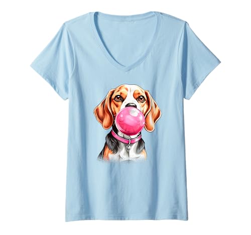 Damen Pinkfarbene Kaugummi Blase Beagle T-Shirt mit V-Ausschnitt von Cute Beagle Pet Face Bubblegum