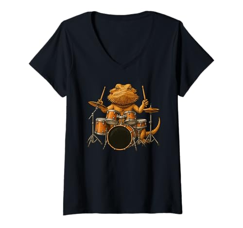 Damen Cute Bearded Dragon Playing Drums Drummer Music T-Shirt mit V-Ausschnitt Damen Cute Bearded Dragon Playing Drums Drummer Music T-Shirt mit V-Ausschnitt von Cute Bearded Dragon Playing Drums Apparel