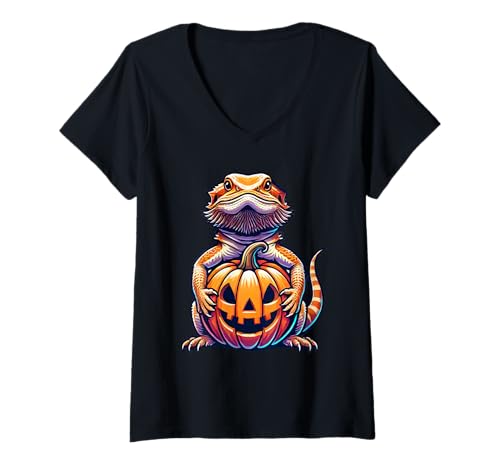Damen Cute Bearded Dragon Jack O Lantern Pumpkin Halloween T-Shirt mit V-Ausschnitt Damen Cute Bearded Dragon Jack O Lantern Pumpkin Halloween T-Shirt mit V-Ausschnitt von Cute Bearded Dragon Pumpkin Halloween Apparel