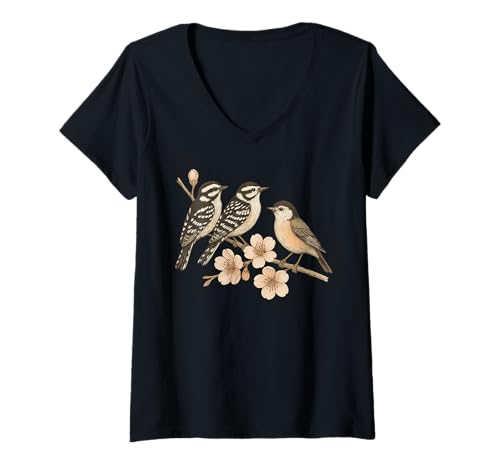 Damen Vögel auf einem AST, Liebhaber von Sakura, Vogelbeobachter T-Shirt mit V-Ausschnitt Damen Vögel auf einem AST, Liebhaber von Sakura, Vogelbeobachter T-Shirt mit V-Ausschnitt von Cute Birding Birds On Tree Nature Bird Lover Gifts