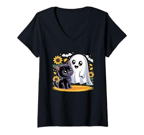Damen Kawaii Schwarze Katze und Happy Ghost Halloween Fall Design T-Shirt mit V-Ausschnitt Damen Kawaii Schwarze Katze und Happy Ghost Halloween Fall Design T-Shirt mit V-Ausschnitt von Cute Black Cat Ghost Halloween Aesthetic Outfit