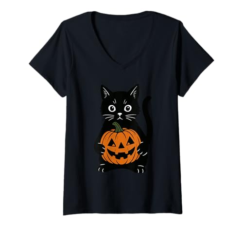 Damen Cute Black Cat Jack O Lantern Pumpkin Halloween T-Shirt mit V-Ausschnitt Damen Cute Black Cat Jack O Lantern Pumpkin Halloween T-Shirt mit V-Ausschnitt von Cute Black Cat Pumpkin Halloween Apparel