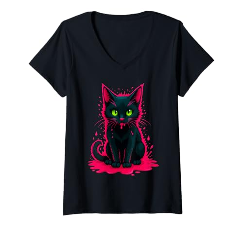 Damen Süße Schwarze Katze mit grünen Augen tropfendes EIS T-Shirt mit V-Ausschnitt Damen Süße Schwarze Katze mit grünen Augen tropfendes EIS T-Shirt mit V-Ausschnitt von Cute Black Cat with Pink Drip Ice Cream