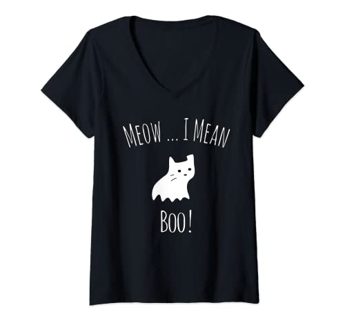 Damen Meow I Mean Boo - Lustiges Katzen-Halloween-Kostüm Katze Geist T-Shirt mit V-Ausschnitt von Cute Black Kitty Ghost Cat Ghost Costume