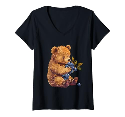 Damen Blaubeerbär, Tierwelt, Beerenfrucht-Kunstwerk, süßes Bärenmotiv T-Shirt mit V-Ausschnitt von Cute Blueberry Animals