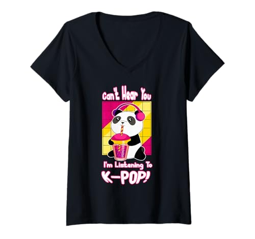 Damen Niedlicher Kawaii Boba Panda Can't Hear You I'm Listening K-POP T-Shirt mit V-Ausschnitt Damen Niedlicher Kawaii Boba Panda Can't Hear You I'm Listening K-POP T-Shirt mit V-Ausschnitt von Cute Boba Panda Can't Hear You I'm Listening K-POP