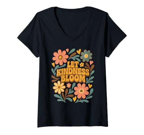 Damen Retro Floral Positive Spruch Let Kindness Bloom Groovy T-Shirt mit V-Ausschnitt von Cute Boho Floral Positive Quote Shirts For Women
