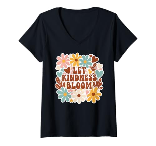 Damen Retro Flower Power Positivity Grafik Let Kindness Bloom T-Shirt mit V-Ausschnitt von Cute Boho Floral Positive Quote Shirts For Women