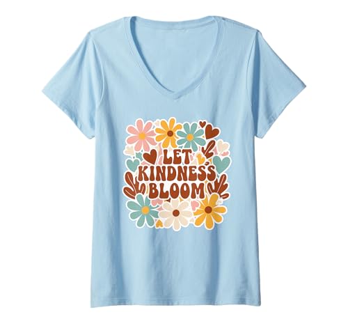 Damen Retro Flower Power Positivity Grafik Let Kindness Bloom T-Shirt mit V-Ausschnitt von Cute Boho Floral Positive Quote Shirts For Women