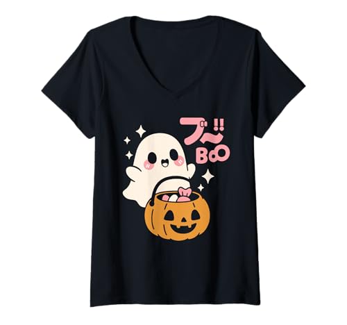 Damen Kawaii Ghost Boo Trick or Treat Gruseliges Halloween T-Shirt mit V-Ausschnitt Damen Kawaii Ghost Boo Trick or Treat Gruseliges Halloween T-Shirt mit V-Ausschnitt von Cute Boo Japanese Pastel Goth Design