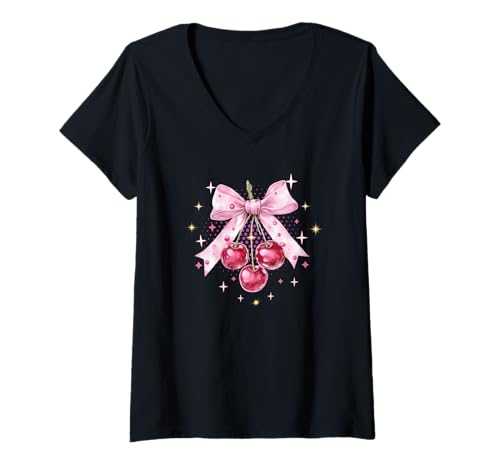 Damen Cherry Bow Coquette Womens Princess Birthday T-Shirt mit V-Ausschnitt Damen Cherry Bow Coquette Womens Princess Birthday T-Shirt mit V-Ausschnitt von Cute Bows with Cherries Cherry Lover merch