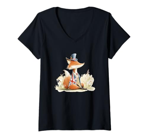 Damen Lustiges Fuchskostüm mit Zylinderhut in britischen Farben T-Shirt mit V-Ausschnitt Damen Lustiges Fuchskostüm mit Zylinderhut in britischen Farben T-Shirt mit V-Ausschnitt von Cute British Fox Outfit