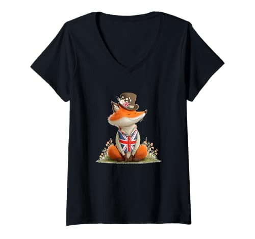 Damen Netter lächelnder Fuchs mit britischem Zylinderhut T-Shirt mit V-Ausschnitt Damen Netter lächelnder Fuchs mit britischem Zylinderhut T-Shirt mit V-Ausschnitt von Cute British Fox Outfit