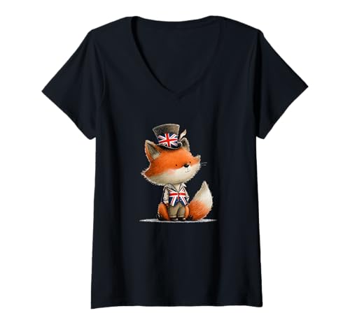 Damen Nettes Cartoon-Fuchs in britischen Farben Kostüm T-Shirt mit V-Ausschnitt Damen Nettes Cartoon-Fuchs in britischen Farben Kostüm T-Shirt mit V-Ausschnitt von Cute British Fox Outfit