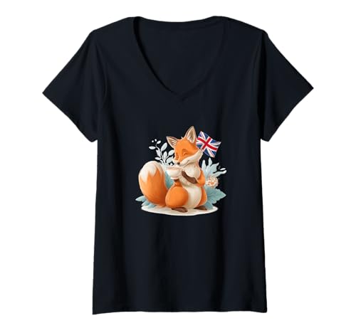 Damen Pretty Tea Time mit britischem Fuchskostüm T-Shirt mit V-Ausschnitt Damen Pretty Tea Time mit britischem Fuchskostüm T-Shirt mit V-Ausschnitt von Cute British Fox Outfit