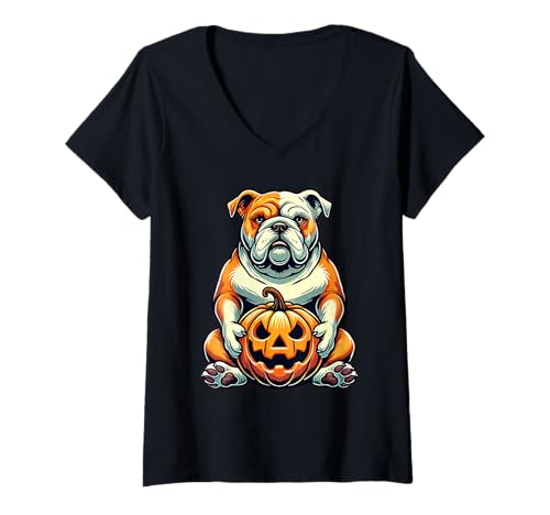 Damen Cute English Bulldog Dog Jack O Lantern Pumpkin Halloween T-Shirt mit V-Ausschnitt von Cute Bulldog Dog Pumpkin Halloween Apparel