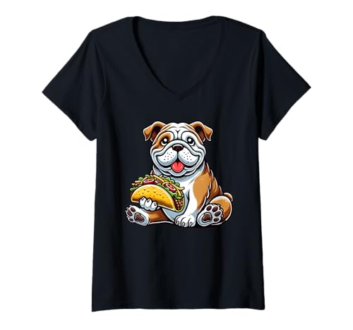 Damen English Bulldog Dog Eating Taco T-Shirt mit V-Ausschnitt Damen English Bulldog Dog Eating Taco T-Shirt mit V-Ausschnitt von Cute Bulldog Eating Taco Apparel